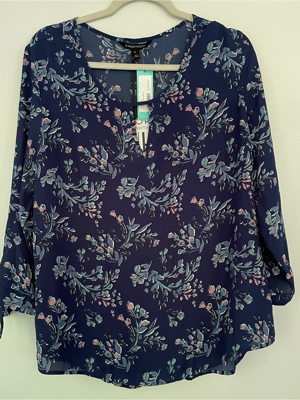 41 Hawthorn Navy Floral Keyhole Blouse with Pink and Mint Accents XL